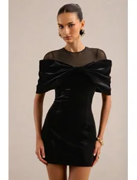 Accalia | Black Velvet Round Neck Short Sleeve Mini Dress With Mesh Panel And Bow Detail - 4