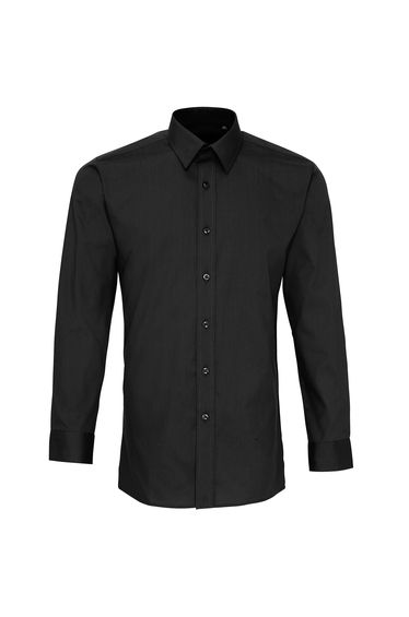 Premier Mens Long Sleeve Fitted Poplin Work Shirt - Black