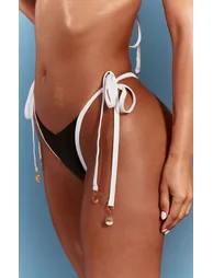 Black Contrast Disc Trim Ruched Bum Thong Bikini Bottoms - 2
