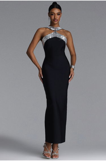 Riza Chic Contour Halter Rhinestone Bandage Maxi Dress