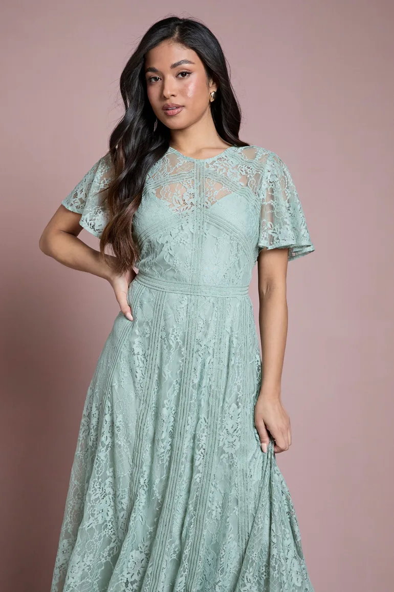 angel sleeve bridesmaid dresses Sage Coast Embroidered Angel Sleeve Maxi Bridesmaid Dress