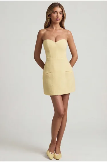 Sweetheart-Neck Strapless Structured Mini Dress in Pastel Yellow