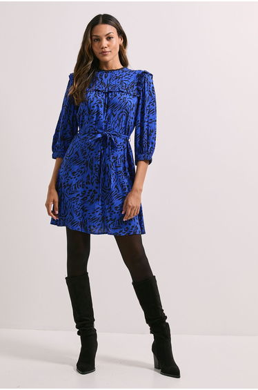 Tie Waist Yoke Frill Detail Printed Belted Mini Dress