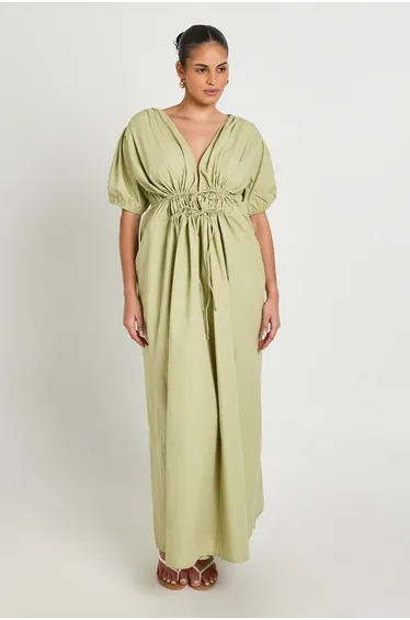 فستان ماكسي مزموم بربطة - للمقاسات الكبيرة