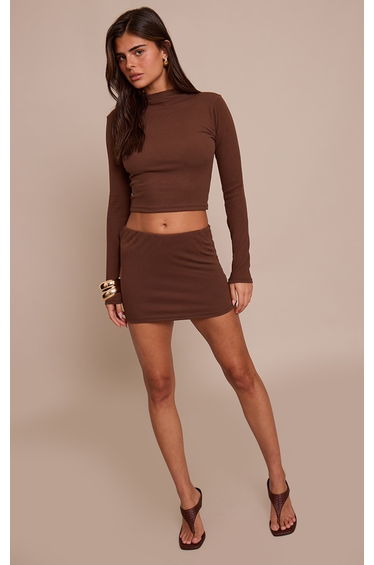 Chocolate Brushed Rib High Neck Long Sleeve Crop Top