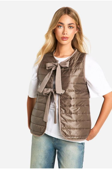 Bow Detail Padded Gilet - chocolate