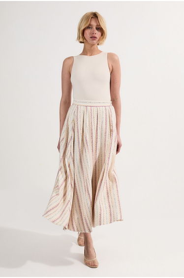 Petite Premium Woven Stripe Tailored Pleated Midi Skirt