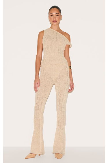 Oatmeal Textured Filigree Knit Wide Leg Trousers