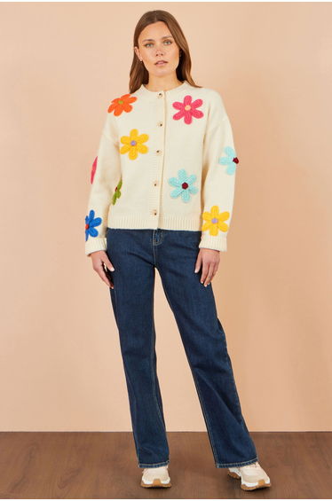 Yumi Ivory Knitted Flower Applique Cardigan