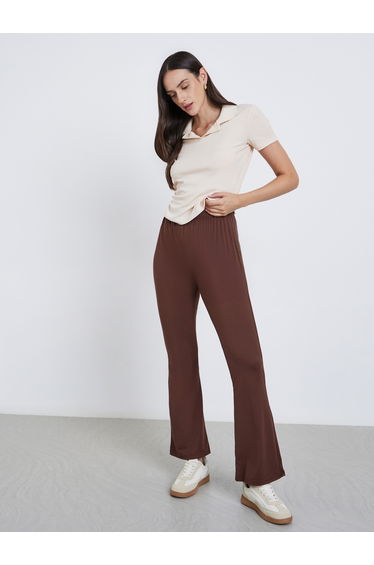 Coffee Brown Elastic Waistband Flared Leggings