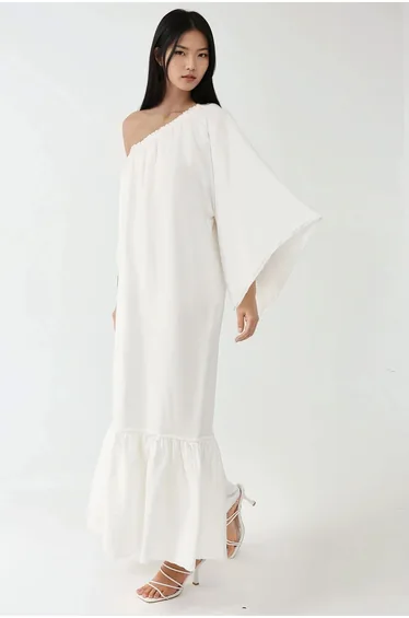 Asymmetrical Collar Off Shoulder Maxi Dress