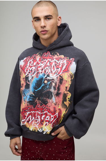 Oversized Boxy Acid Wash Heavy Metal Graphic Distressed Hoodie - charcoal