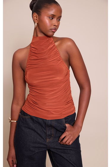 Burnt Orange Double Layer Slinky Highneck Drapey Long Top