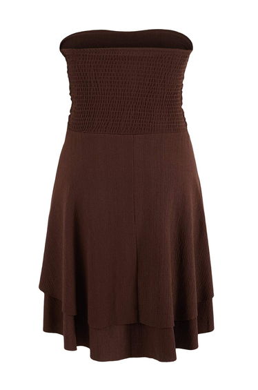 Brown Strapless Skater/Waist Cut-Out Corded Fabric Stretchy Mini Knitted Dress