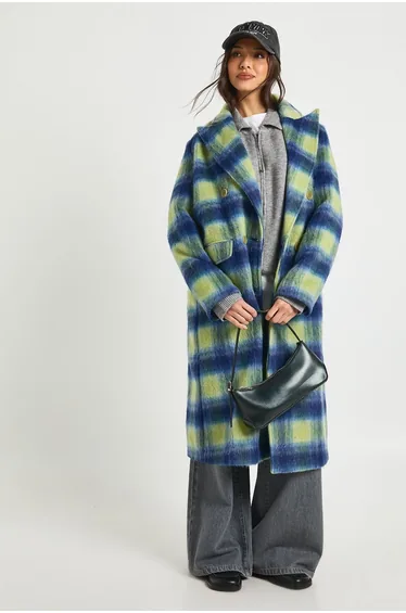 Check Double Breast Wool Look Coat - blue