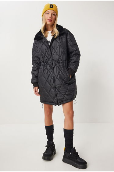 Women's Black Fur Collar Quilted Coat