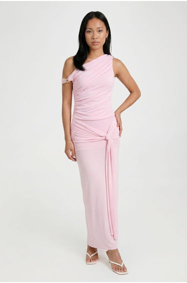 Double Layered Textured Ruched Gold Trim Top - pink