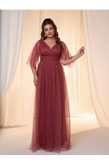 Leely Plus Women's Elegant V Neck Flounce Sleeve Party Dress