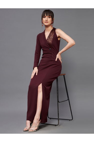 Sequin Detail One Sleeves Side Slit Maxi Dress