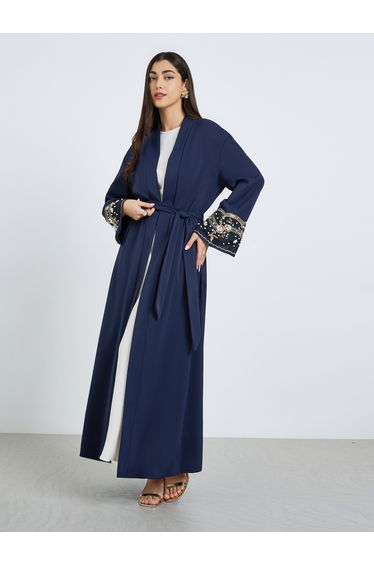 Women Navy Blue Embellished Sleeve Cuffed Abaya