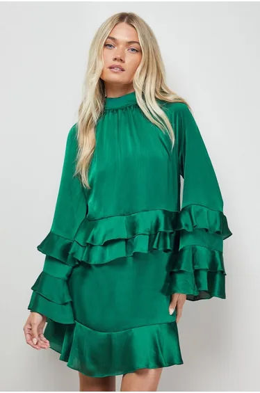 Layered Ruffle Sleeve Bow Back Mini Dress