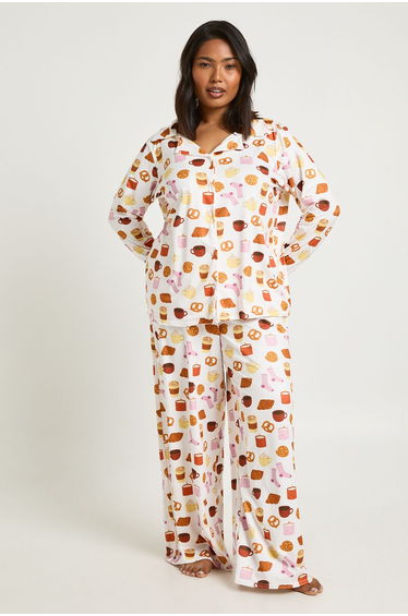 Plus Breakfast Print Long Sleeve Shirt And Trousers Pyjama Set - white