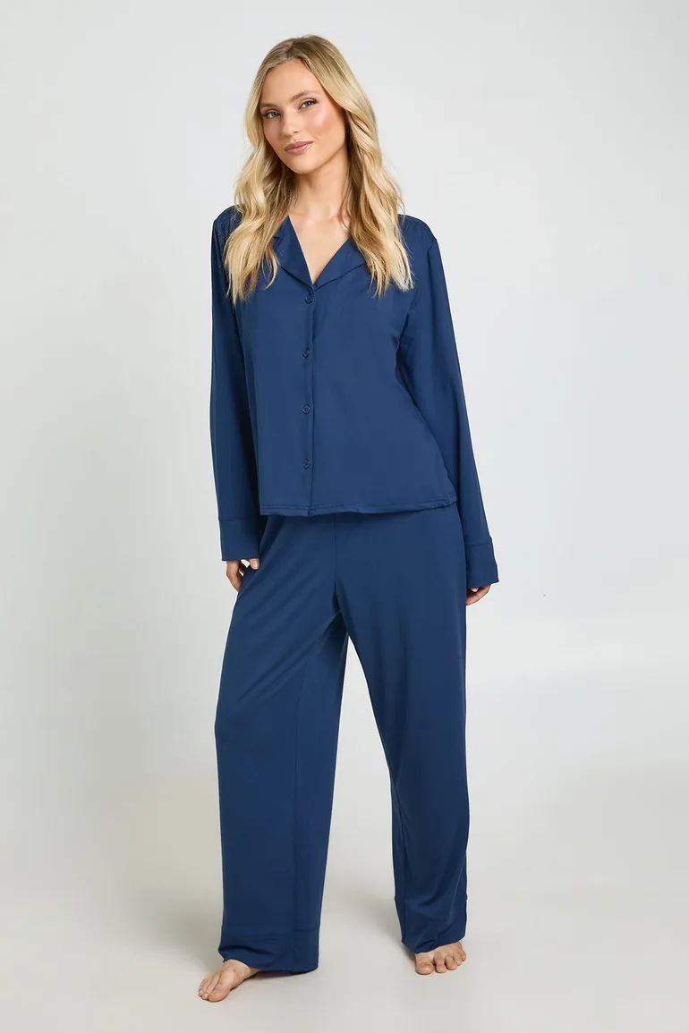 Petite Soft Touch Button Through Shirt and Trouser Pyjama Set - navy