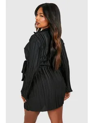 Plus Wide Plisse Wrap Shirt Dress - black - 1