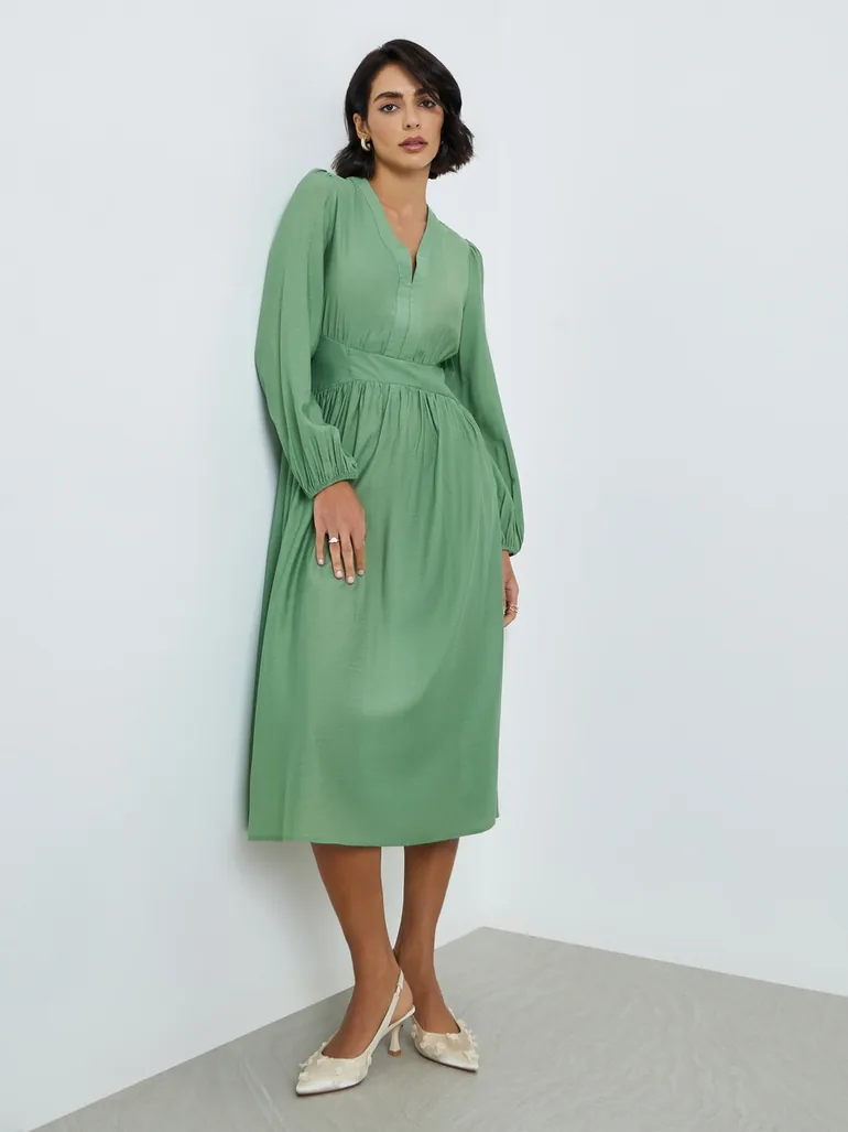 Women Green Balloon Sleeves A-Line Midi Dress - 3