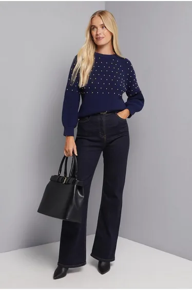 Petite Navy Stud Embellished Jumper