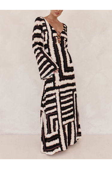 Bohemian Style Unique Printed V Tie Ring Maxi Dress