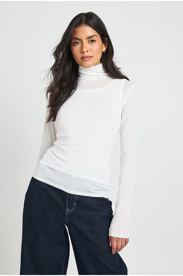 Sheer Textured 2 in 1 Roll Neck Top - white
