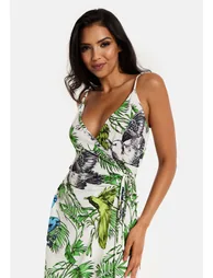 Women's Midi Dress in Floral and Bird Print with V Neck and Tie Waist Regular Fit. - 6