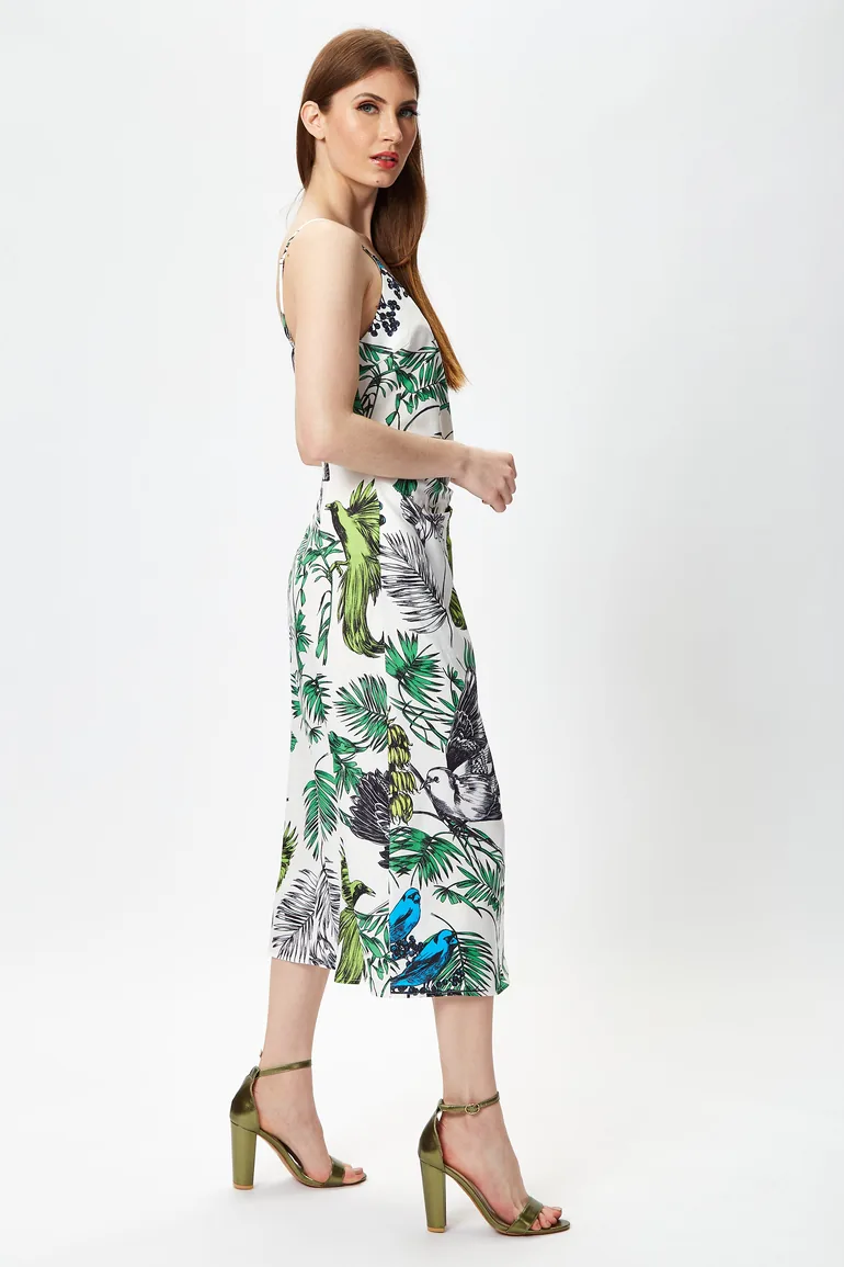 Women's Midi Dress in Floral and Bird Print with V Neck and Tie Waist Regular Fit. - 9