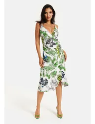 Women's Midi Dress in Floral and Bird Print with V Neck and Tie Waist Regular Fit. - 1