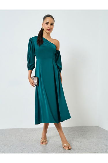Teal One Shoulder A-Line Midi Dress