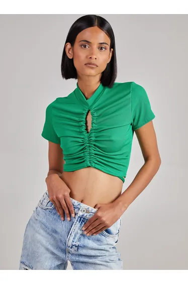 Short Sleeve Gathered Keyhole Ribbed Top