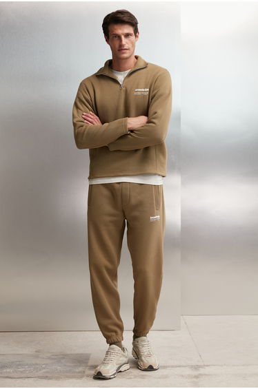 GRIMELANGE HALDEN Men's Fleece-Lined Stand Collar Half-Zip Printed Detail Regular Fit Khaki Sweatshirt