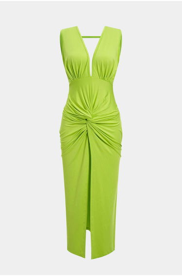 Ruched Twist Knot Backless Sleeveless Midi Dress