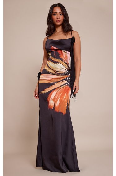 Petite Printed Satin Floral Drape Cowl Neck Maxi Dress