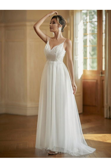 Modecrush Beaded V Neck Spaghetti Strap Mesh Wedding Dress