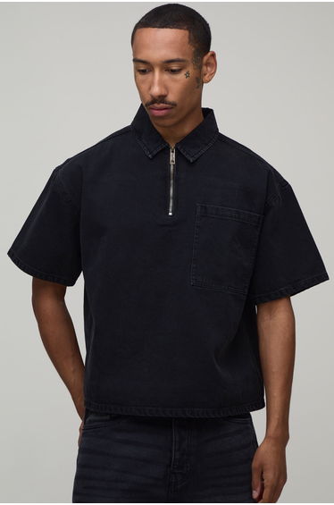 Boxy Oversized 1/4 Zip Denim Shirt - washed black