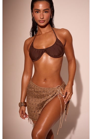 Taupe Beaded Tie Side Mini Beach Skirt