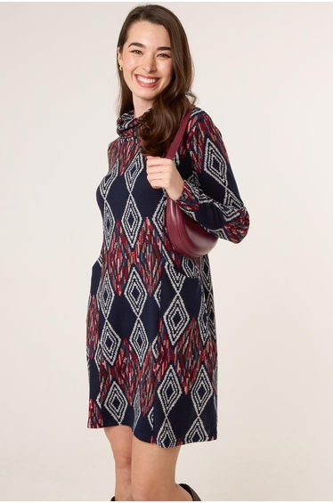 Printed Draped Cowl Neck Long Sleeve Dress