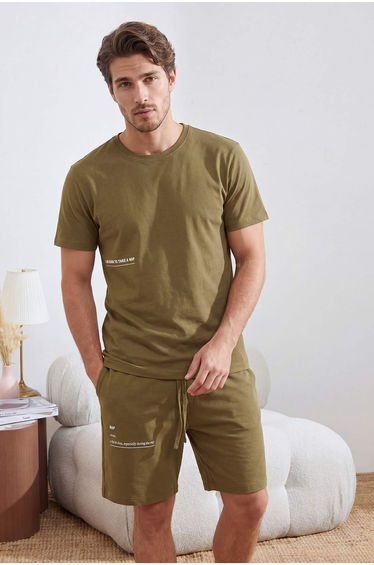Haki Regular Fit Printed Knitted Shorts Pajama Set