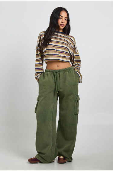 Washed Mid Rise Cargo Jogger - khaki