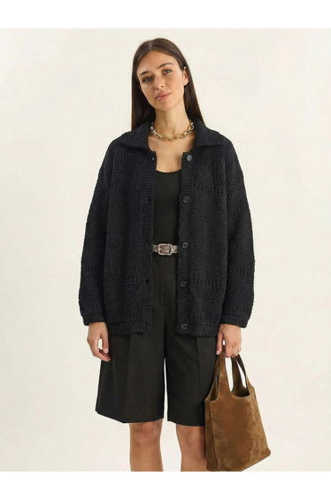 LUCCI Textured Polo Collar Button Cardigan