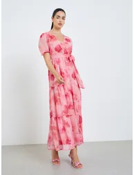 Women Pink Floral Chiffon Puff Sleeve Maxi Dress - 1