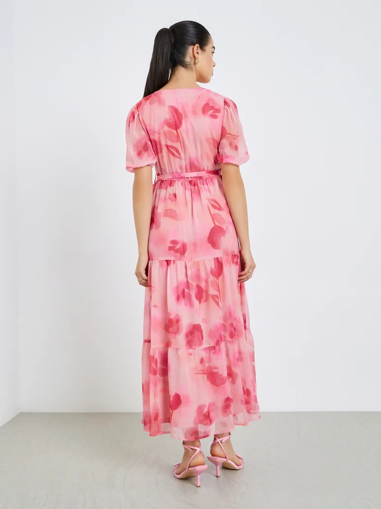 Women Pink Floral Chiffon Puff Sleeve Maxi Dress - 3