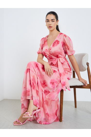 Women Pink Floral Chiffon Puff Sleeve Maxi Dress